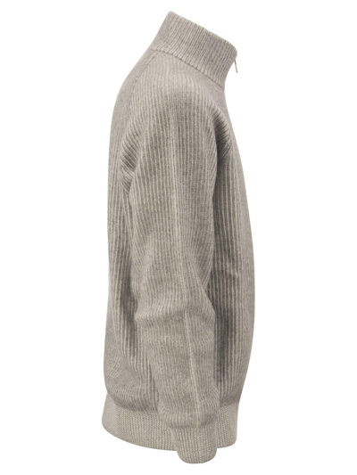 Brunello Cucinelli Ribbed Cashmere Sweater With Half Zip In Grey