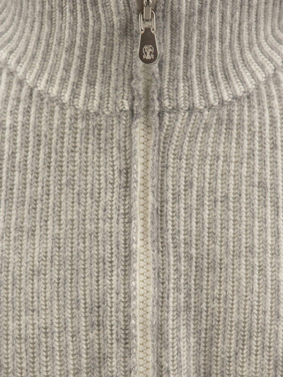 Shop Brunello Cucinelli Half-zipped Knitted Jumper In Grey
