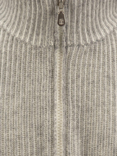 Brunello Cucinelli Ribbed Cashmere Sweater With Half Zip In Grey