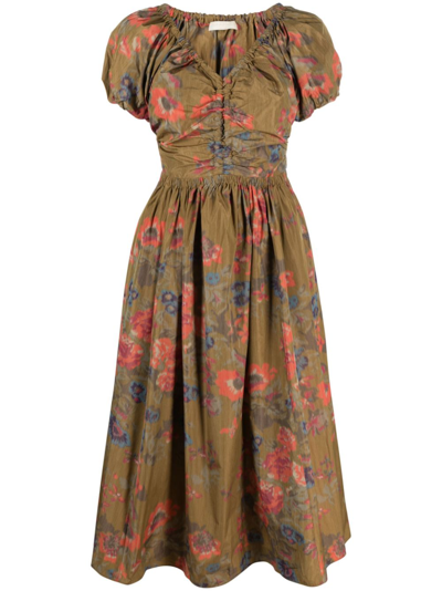 Shop Ulla Johnson Green Cecile Floral-print Midi Dress In Brown