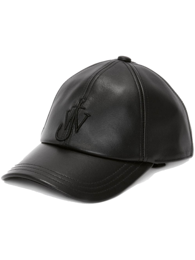 Shop Jw Anderson Black Logo Embroidered Leather Cap