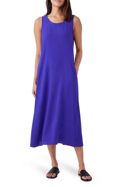 Shop Eileen Fisher Scoop Neck Silk Georgette Midi Dress In Blue Violet