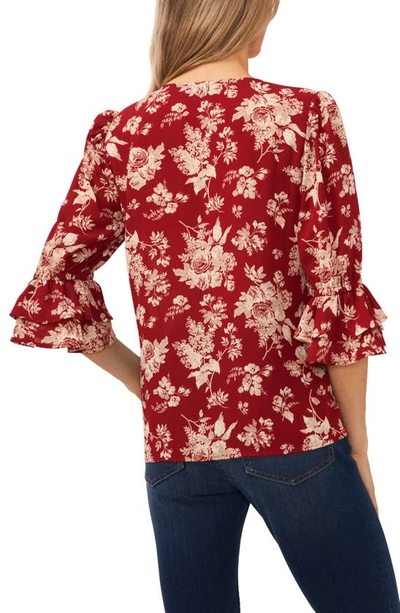 Cece Floral Ruffle Sleeve Blouse In Mulberry Red