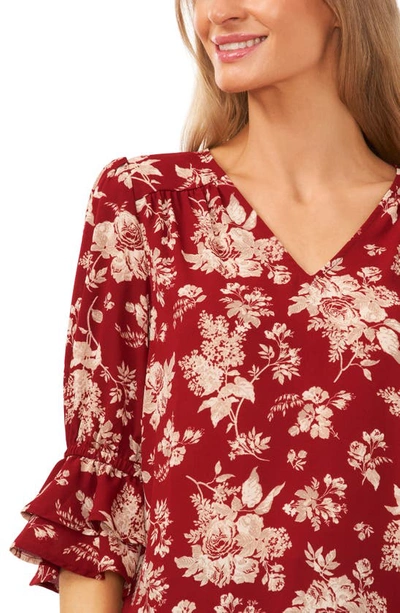 Cece Floral Ruffle Sleeve Blouse In Mulberry Red