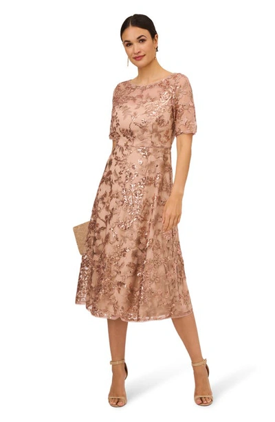Shop Adrianna Papell Embroidered Sequin Midi Fit & Flare Dress In Almondine