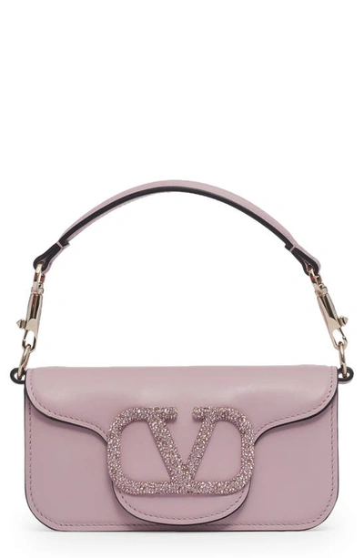 Shop Valentino Small Locò Crystal Logo Leather Shoulder Bag In Water Lilac/ Light Amethyst