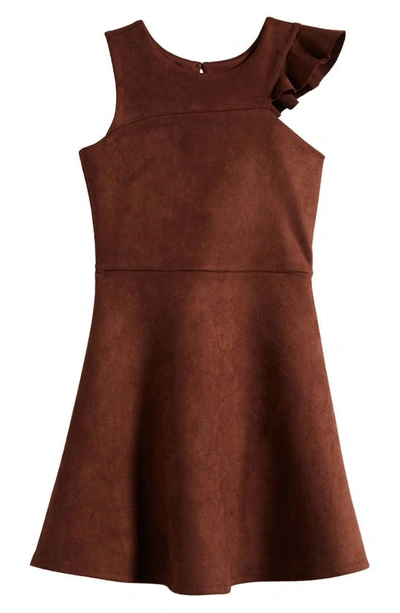 Shop Ava & Yelly Kids' One-shoulder Ruffle Scuba Dress In Chocolate