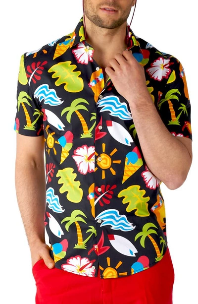 Shop Opposuits Tropical Thunder Stretch Short Sleeve Button-up Shirt In Black