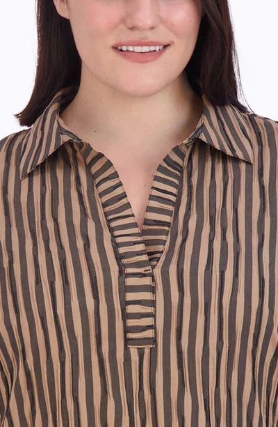 Shop Foxcroft Sophie Crinkled Stripe Cotton Blend Button-up Shirt In Almond/ Black