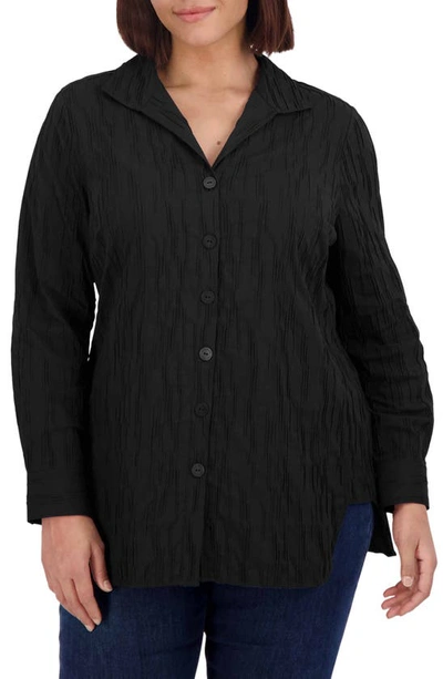 Shop Foxcroft Pandora Crinkle Texture Cotton Blend Button-up Shirt In Black