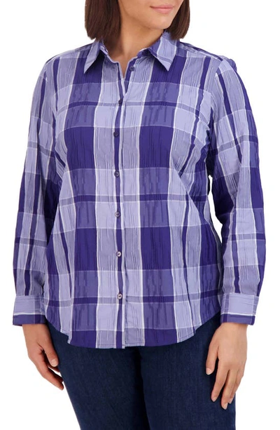 Shop Foxcroft Zoey Plaid Crinkle Texture Cotton Blend Button-up Shirt In Blue Iris