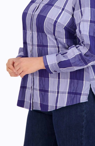 Shop Foxcroft Zoey Plaid Crinkle Texture Cotton Blend Button-up Shirt In Blue Iris