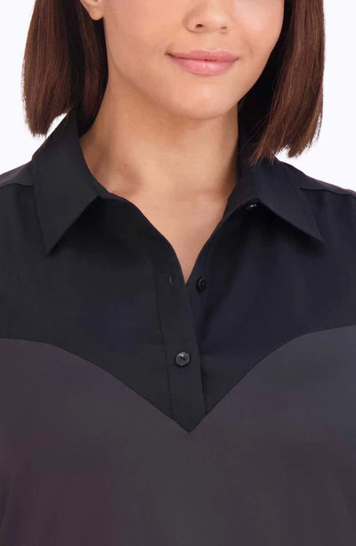 Foxcroft Mixed Media Sleeveless Button-up Shirt In Black