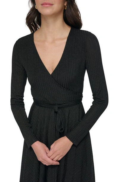 Shop Dkny Rib Belted Long Sleeve Hacci Sweater Dress In Black