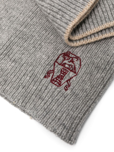 Brunello Cucinelli Logo-embroidered Cashmere Scarf In Grey