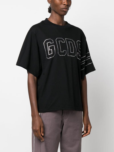 Shop Gcds Crystal-logo Cotton T-shirt In Black