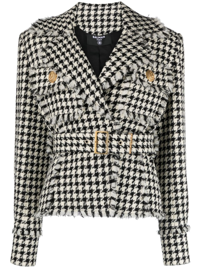 Shop Balmain Houndstooth Tweed Belted Jacket In Neutrals