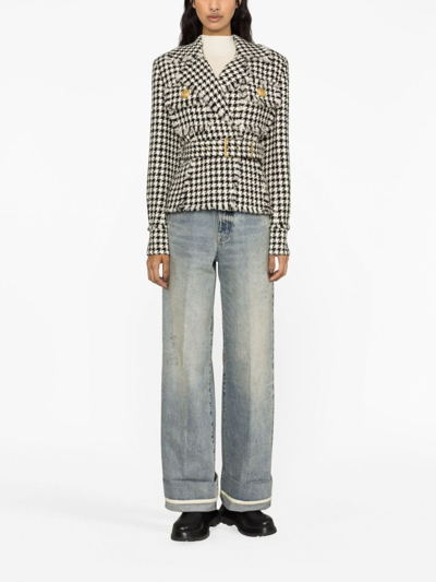 Shop Balmain Houndstooth Tweed Belted Jacket In Neutrals