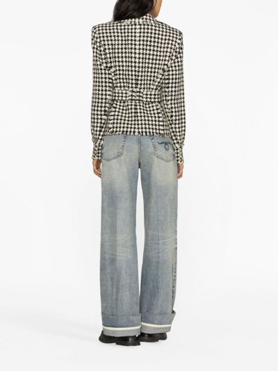 Shop Balmain Houndstooth Tweed Belted Jacket In Neutrals