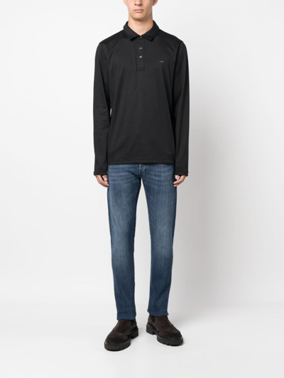 Shop Michael Kors Long-sleeve Cotton Polo Shirt In Black