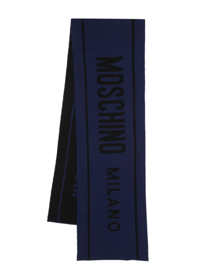 Moschino Intarsia-logo Wool Scarf In Blue