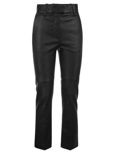 Brunello Cucinelli Women Stretch Nappa Leather Square Cigarette Trousers With Jewellery In Black