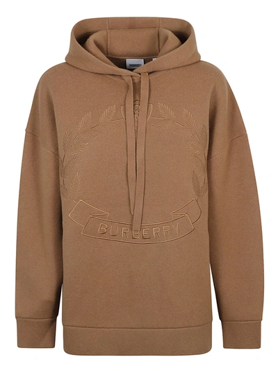 Shop Burberry Logo Embroidered Hooded Sweater In Camel