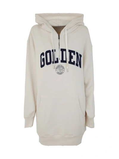 Shop Golden Goose Journey W`s Sweatshirt Hoodie Dress W/zip Golden Patch In Heritage White Blue