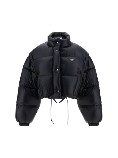 Prada Convertible Cropped Velvet Down Jacket In Nero