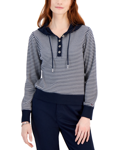 Tommy Hilfiger Women's Striped Long-sleeve Waffle-knit Hoodie In Bright  White/ Sky Captain | ModeSens