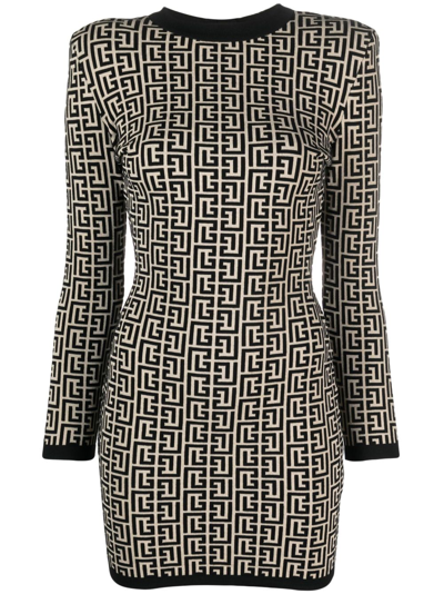 Shop Balmain Monogram-print Wool-blend Dress In Neutrals