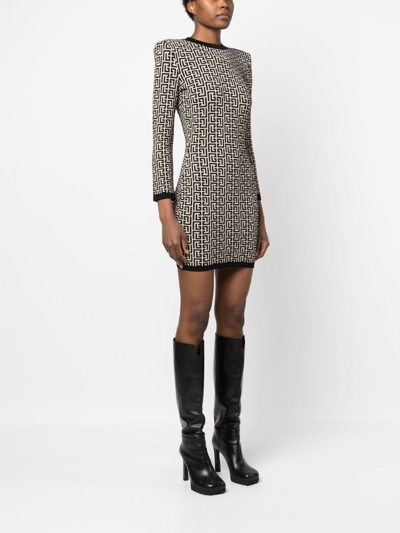 Shop Balmain Monogram-print Wool-blend Dress In Neutrals