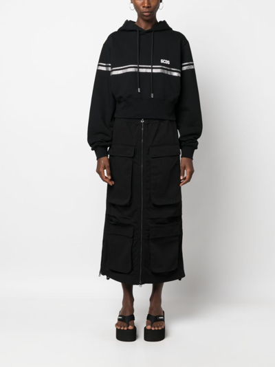 Shop Gcds Crystal-embellished Cropped Cotton Hoodie In Black