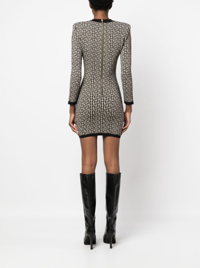 Shop Balmain Monogram-print Wool-blend Dress In Neutrals