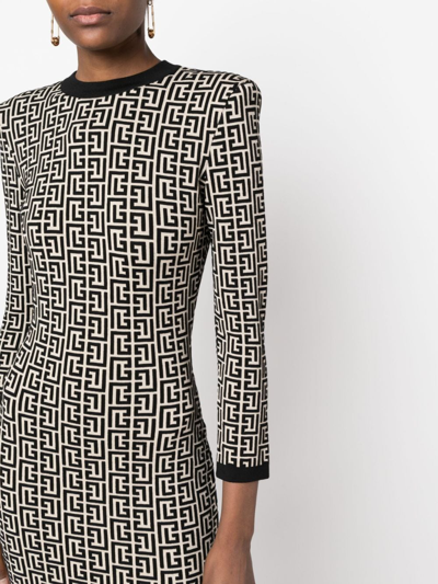 Shop Balmain Monogram-print Wool-blend Dress In Neutrals