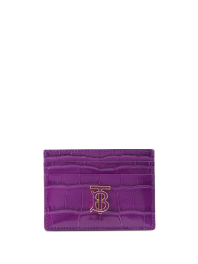Shop Burberry Tb Embossed-leather Cardholder In Purple