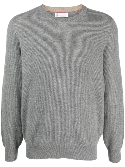 Brunello Cucinelli Round Neck Jumper In Comfortable Cotton Blend In Grey