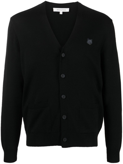 Shop Maison Kitsuné V-neck Wool Cardigan In Black
