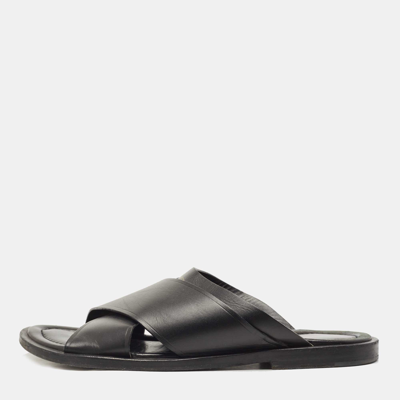Louis Vuitton Black Leather Crisscross Strap Flat Slides Size 43