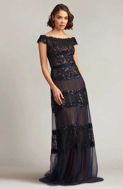 Shop Tadashi Shoji Sequin Corded Lace Off The Shoulder Gown In Navy/ Nude