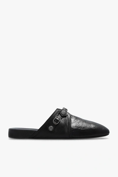 Shop Balenciaga Cosy Cagole Leather Slides In Black Ant Sil