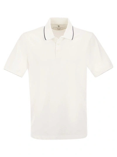 Shop Brunello Cucinelli Slim Fit Cotton Pique Polo Shirt With Knitted Details In White