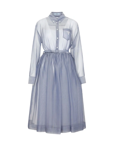 Shop Prada Silk Dress With Embroidered Logo In Blu Bianco