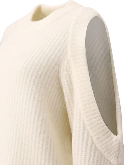 Shop Ganni Chunky Sweater With Open Shoulders In Beige