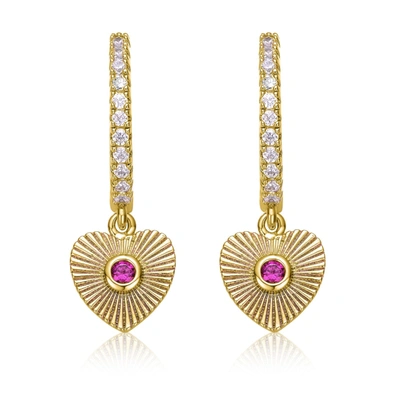 Shop Rachel Glauber Rg 14k Yellow Gold Plated With Ruby Cubic Zirconia Sunray Heart Dangle Charm Hoop Earrings In Pink