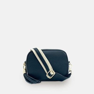 Shop Apatchy London Navy Leather Crossbody Bag With Leather & Canvas Strap In Blue