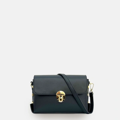 Shop Apatchy London The Bloxsome Black Leather Crossbody Bag With Black & Gold Chevron Strap