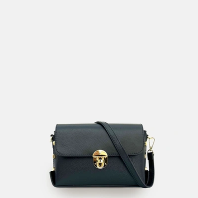 Apatchy London The Bloxsome Black Leather Crossbody Bag With Black & Gold Chevron Strap In Black