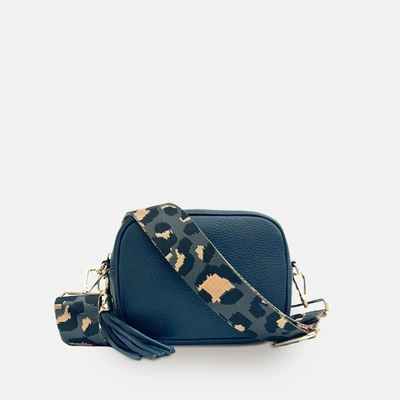 Shop Apatchy London Navy Leather Crossbody Bag With Grey Leopard Strap In Blue