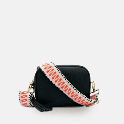Shop Apatchy London Black Leather Crossbody Bag With Neon Mustard Woven Strap